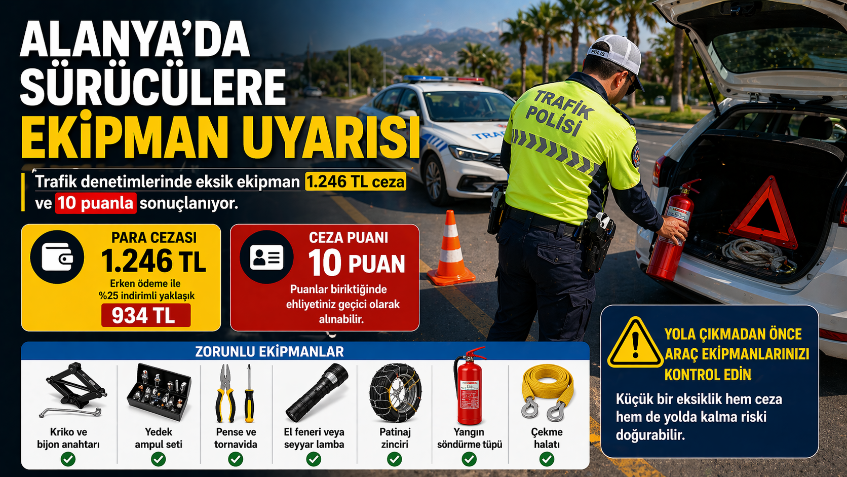 Alanya’da sürücülere ekipman uyarısı