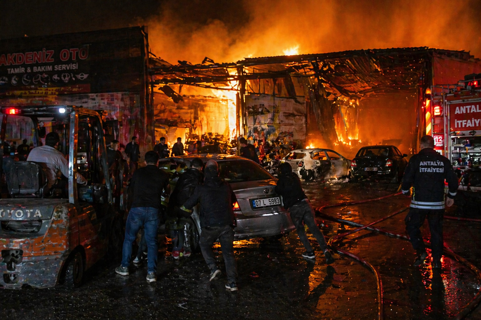 Sanayide yangın: Araçları kurtarmak için seferber oldular