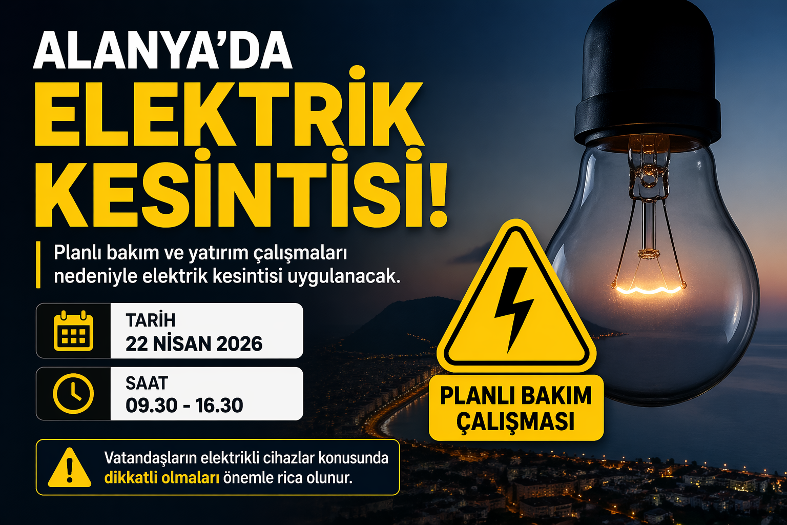Alanya’da 22 Nisan’da elektrik kesintisi